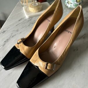 Impo Black and Tan Classic Heels with Gold Detail